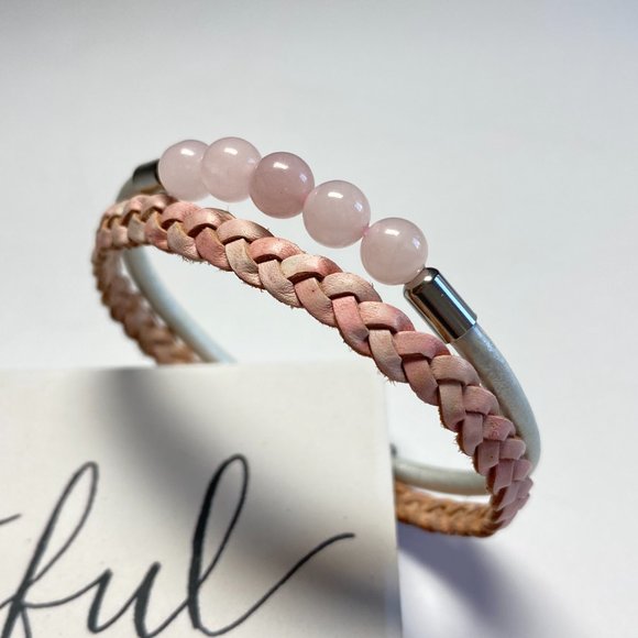 Natural Rose Quartz Beaded Bolo Braided Leather Mother and Daughter Bracelet - Picture 8 of 10
